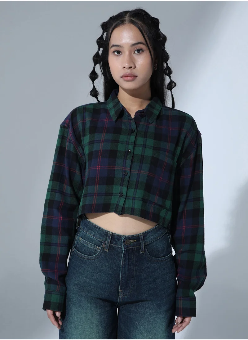 Hubberholme Cropped Checked Shirt for Women - Green Cotton