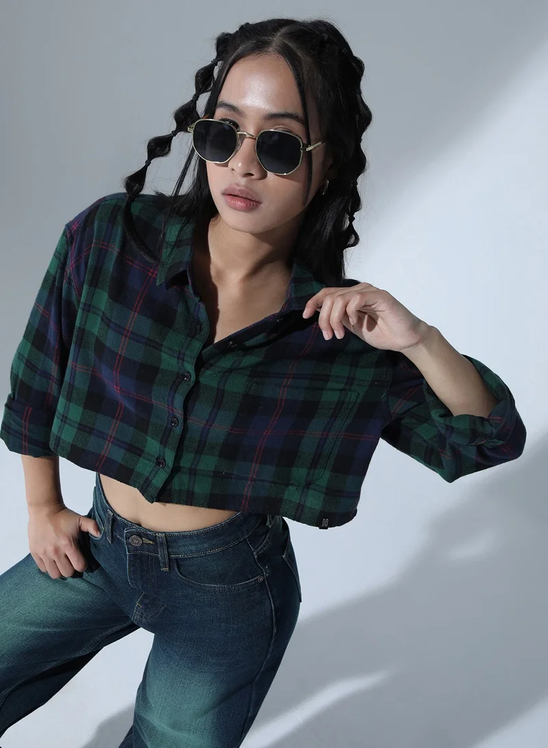 Hubberholme Cropped Checked Shirt for Women - Green Cotton