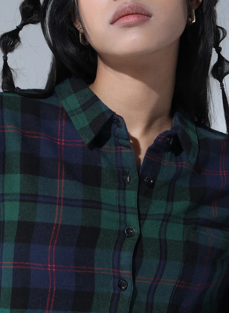 Hubberholme Cropped Checked Shirt for Women - Green Cotton