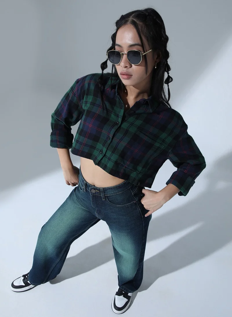 Hubberholme Cropped Checked Shirt for Women - Green Cotton