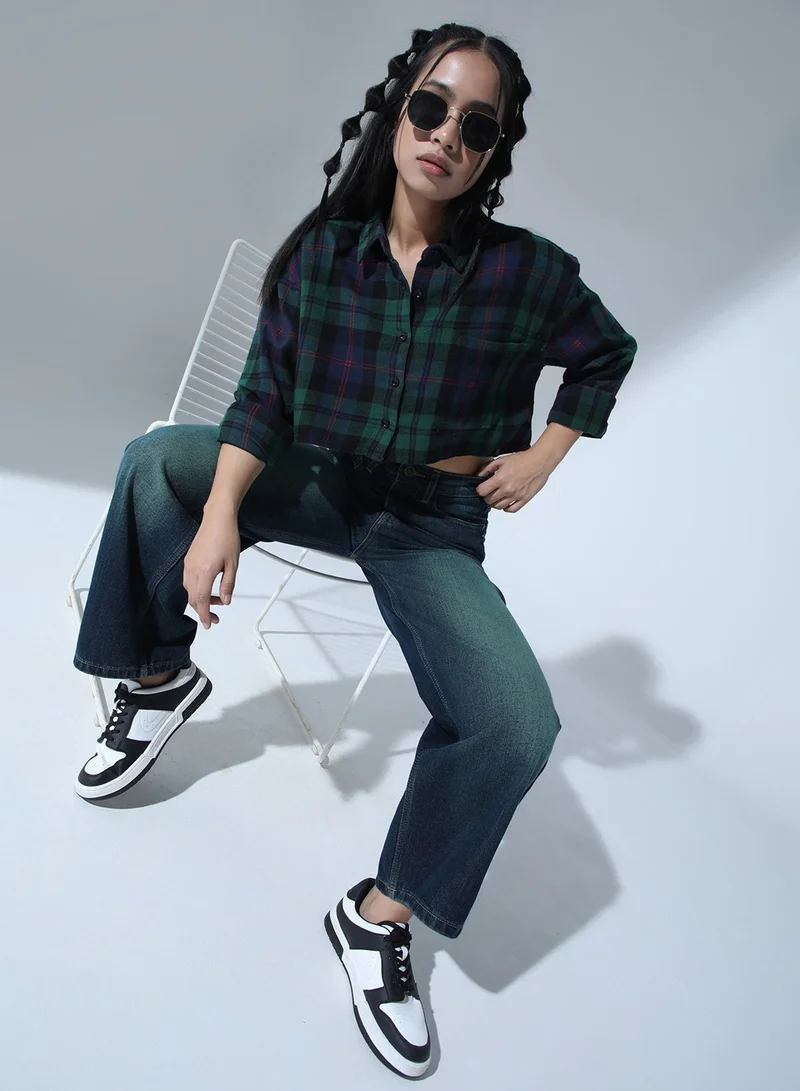 Hubberholme Cropped Checked Shirt for Women - Green Cotton