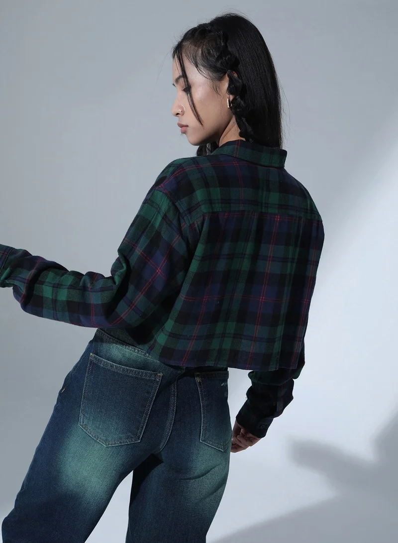 Hubberholme Cropped Checked Shirt for Women - Green Cotton