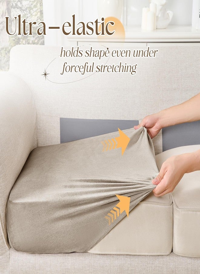 Cobedzy 3 Pcs Taupe Velvet Stretch Couch Cushion Cover, Soft Sofa Seat Cushion Covers, Sofa Cushion Slipcover with Elastic Bottom(Non-Slip & Anti-Scratch) - Image 5