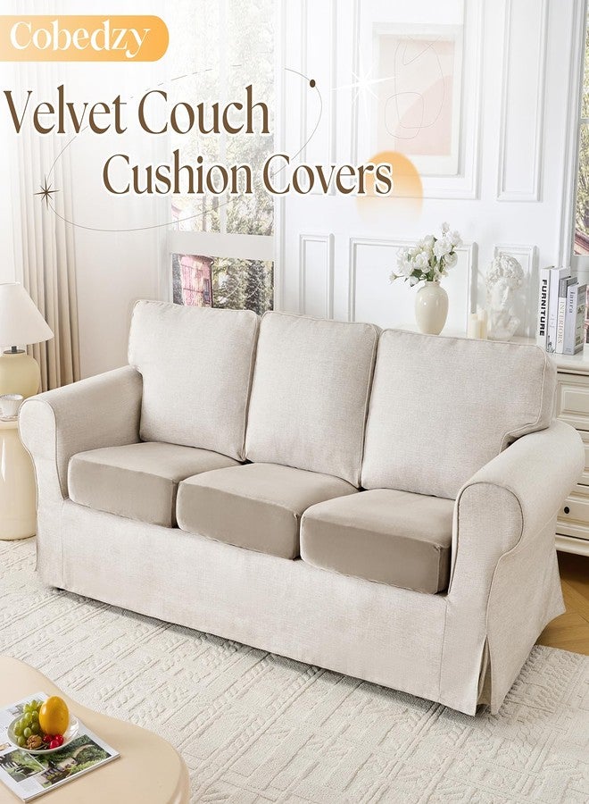 Cobedzy 3 Pcs Taupe Velvet Stretch Couch Cushion Cover, Soft Sofa Seat Cushion Covers, Sofa Cushion Slipcover with Elastic Bottom(Non-Slip & Anti-Scratch) - Image 2