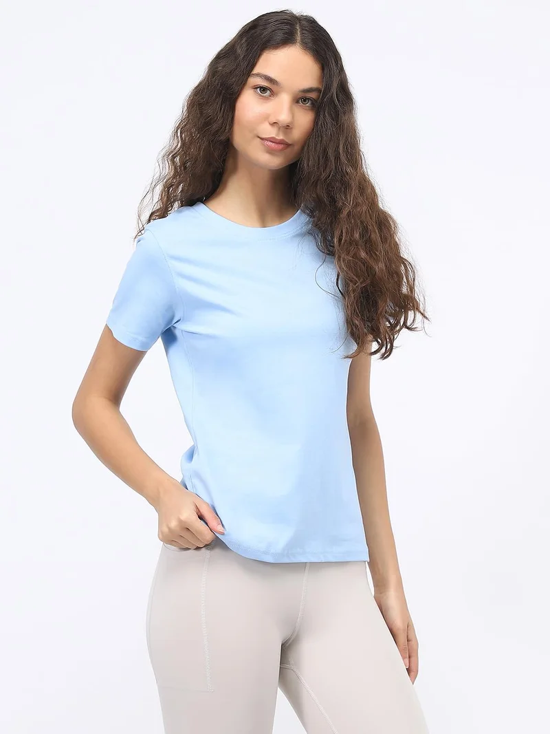 NOBERO  Solid Blue Regular Fit T-Shirt for Women for Women | Best Price UAE
