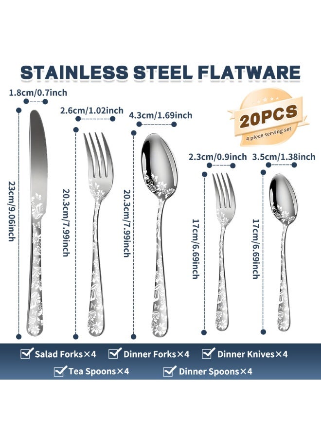 Arabest Silverware Set, 20 Piece Stainless Steel Flatware Set, Silverware Set for 4,Mirror Polished Cutlery Set, Tableware Set Includes Knife, Fork, Spoon - Image 2