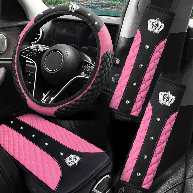 Purple Sparkle PU Leather Non Slip Steering Wheel Cover Set 14.57 14.96 Inch - Image 1