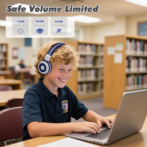 SIMOLIO Kids Headphones Bluetooth for Boys, Built-in Microphone and Share Port, Safe 75dB,85dB,94dB Volume Limited, Foldable and Adjustable, Wireless/Wired Headphones for Kids School Travel Grey - Image 2