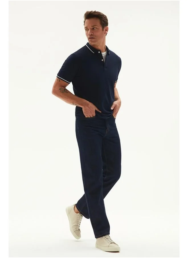JUNE June Men Regular Fit Stripe Detailed Neck Polo Tshirt Dark Navy