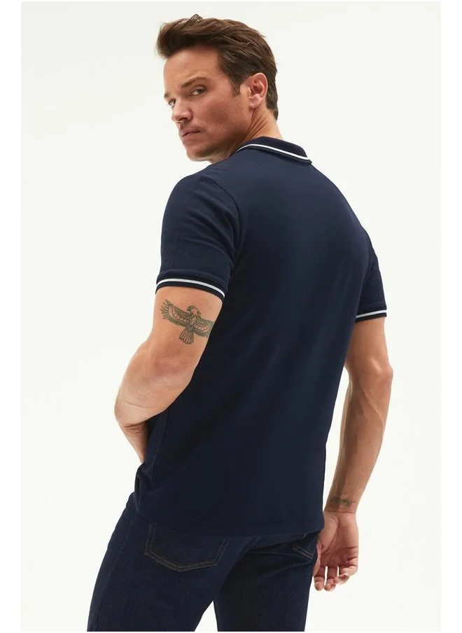 JUNE June Men Regular Fit Stripe Detailed Neck Polo Tshirt Dark Navy