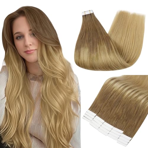 Full Shine Hair Extensions Real Human Hair Tape in 14 Inch Balayage Color 10 Brown Fading to 14 Golden Blonde Seamless Skin Weft Human Hair Tape in Extensions 20PCS 50 Grams Remy Brazilian for Women