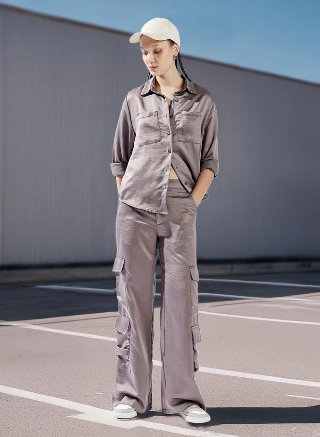 هوبرهولمي قميص نسائي واسع بأزرار بلون رمادي متوسط وبنمط سادة من البوليستر 1%