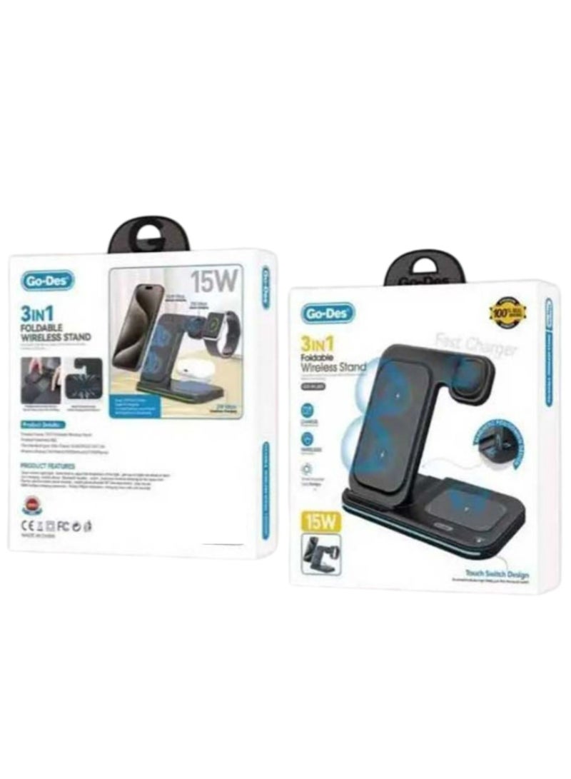 جو-ديز GD-WL383 3 في 1 حامل شحن لاسلكي_أسود - Image 2