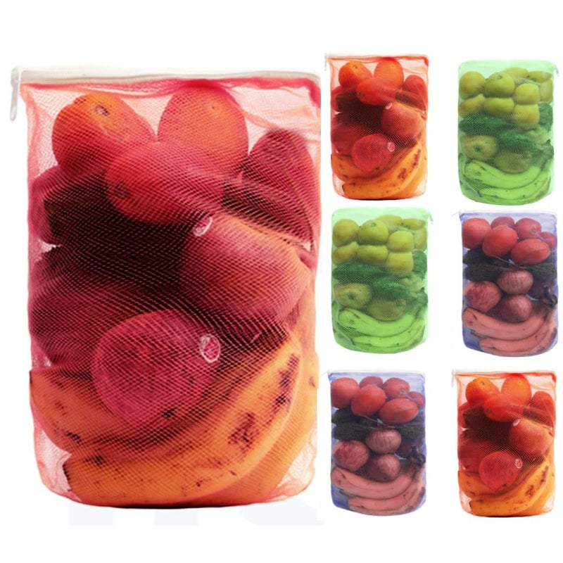 DALUCI Set of 6 Reusable Fridge Storage Bags | Vegetable Bags For Vegetables and Fruits Mesh Net Multipurpose Kitchen Storage Bags Organizer with Sturdy Zipper (9 X 13 Inches | Multicolor) - Image 1