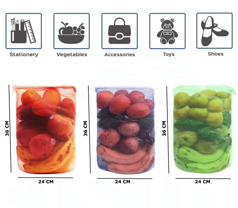 DALUCI Set of 6 Reusable Fridge Storage Bags | Vegetable Bags For Vegetables and Fruits Mesh Net Multipurpose Kitchen Storage Bags Organizer with Sturdy Zipper (9 X 13 Inches | Multicolor) - Image 2