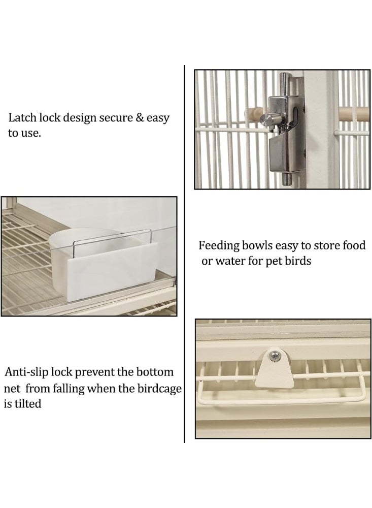 NNC PETS Small bird cage, Wrought iron transparent birdcage with Removable tray, Storage shelf, Wooden perch and food container, bird house for Lovebirds, Conure, and other small birds 83 cm (White) - Image 4