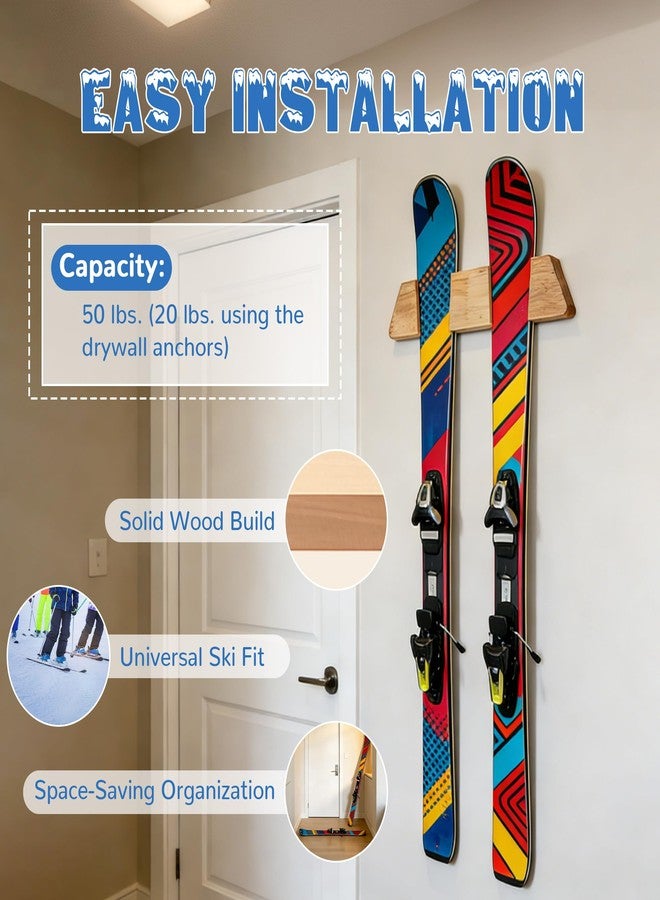 HUDEX Horizontal Solid Wood Ski Rack Wall Mount - Heavy Duty Ski Storage Organizer with Natural Finish,Compatible with All Mountain,Touring,and Vintage Skis for Garage, Home, or Cabin Display(Large) - Image 3