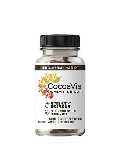 CocoaVia Heart & Brain Supplement, 30 Day, Cocoa Flavanol Extract, Memory & Circulation Booster, Nitric Oxide, Boost Oxygen & Energy, Plant Based, Gluten Free, Vegan, 60 Capsules