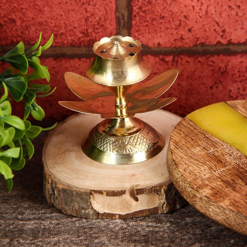 ROLIMOLI Brass Agarbatti Stand Holder with Center Dhoop Holder Incense Holder Gold 3 inch - Image 1