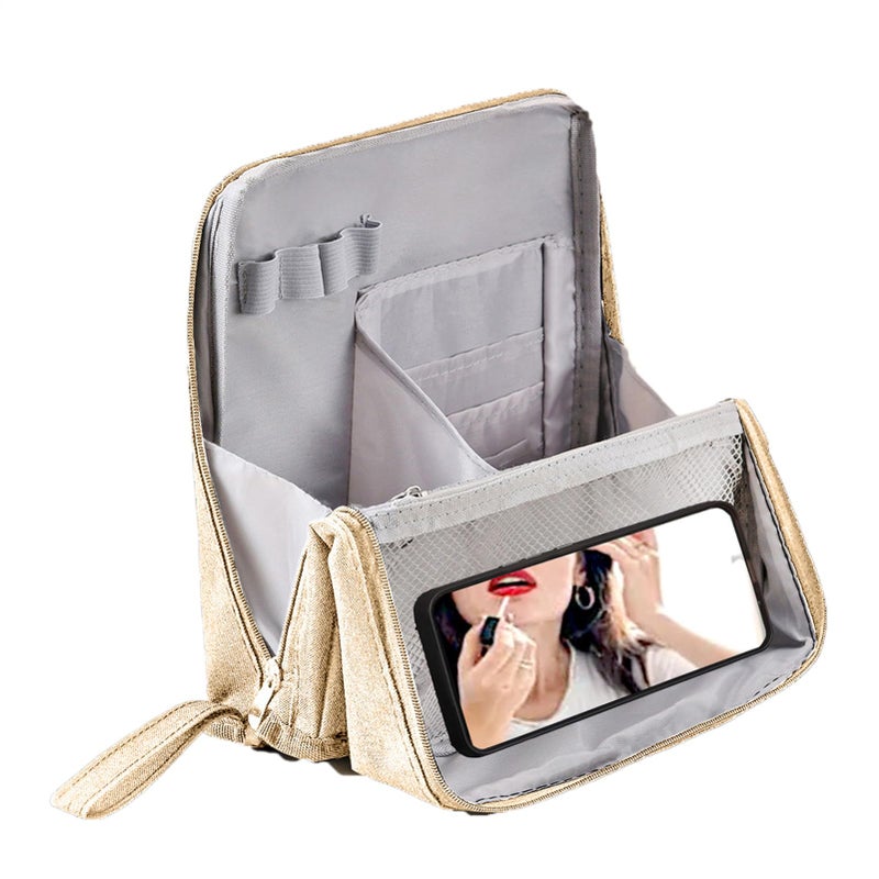 Cream Colored Waterproof Makeup Organizer Bag Large Capacity Travel Cosmetic Case For Brushes - Image 2