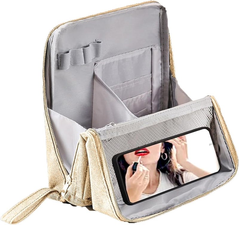 Cream Colored Waterproof Makeup Organizer Bag Large Capacity Travel Cosmetic Case For Brushes - Image 1