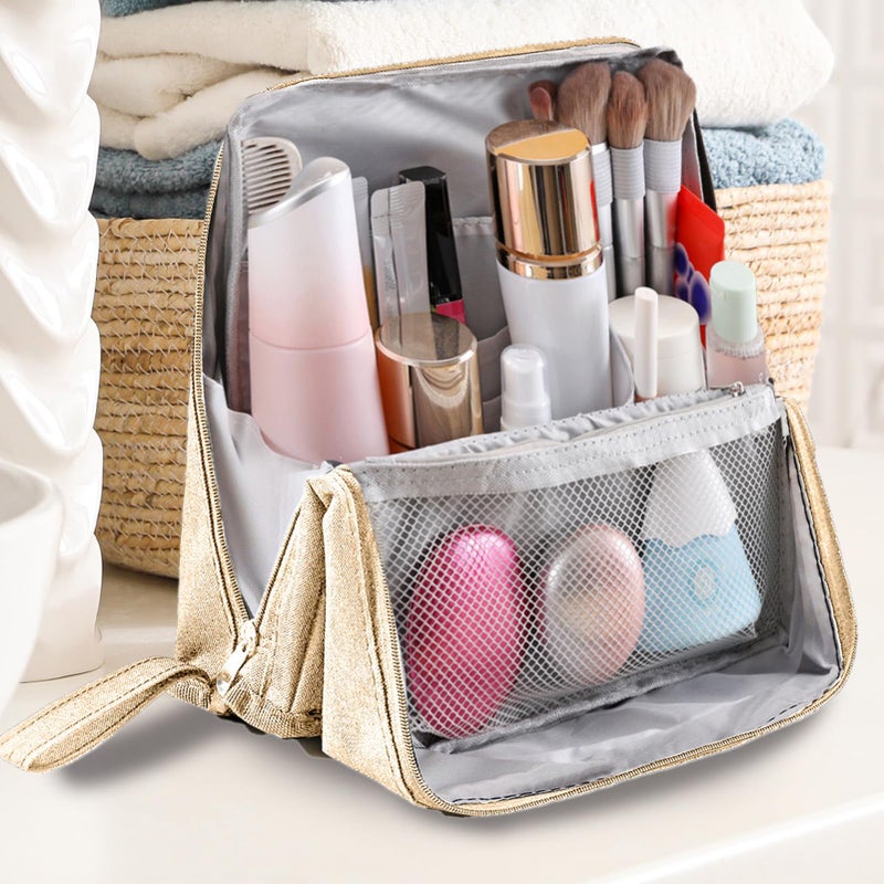 Cream Colored Waterproof Makeup Organizer Bag Large Capacity Travel Cosmetic Case For Brushes - Image 5