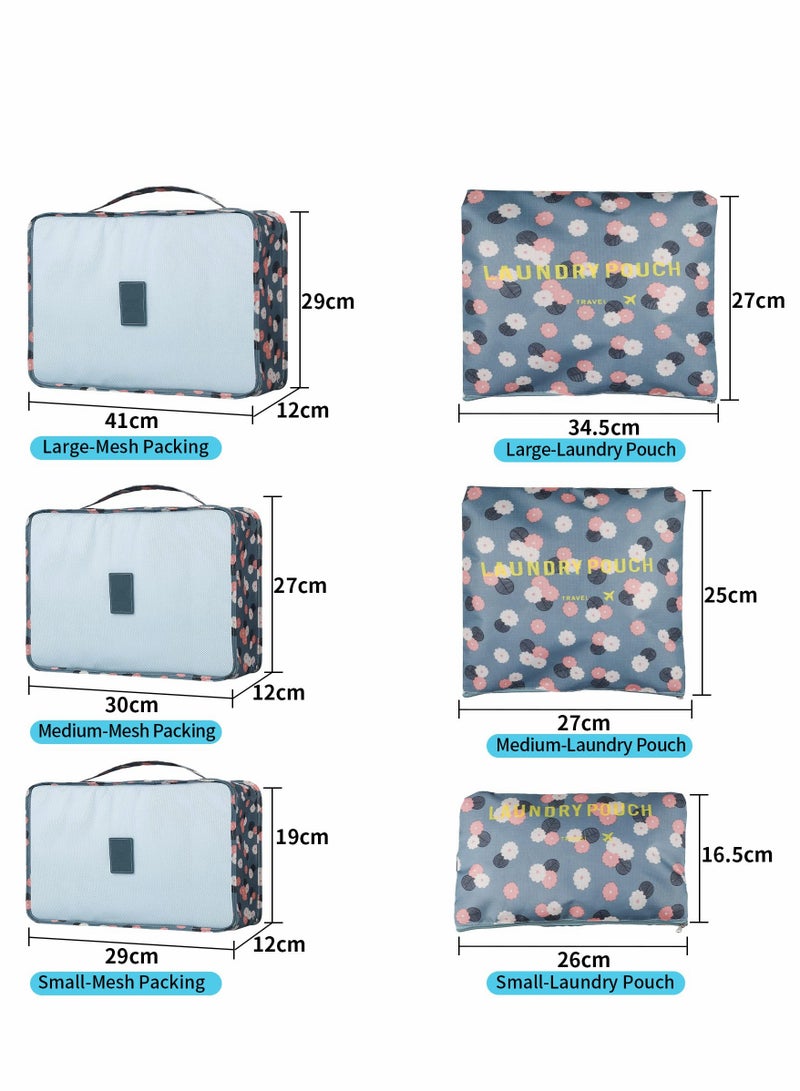 Travel Packing Cubes Set of 6 Stylish Organizers for Clothes and Shoes Storage in Blue Floral Design - Image 5