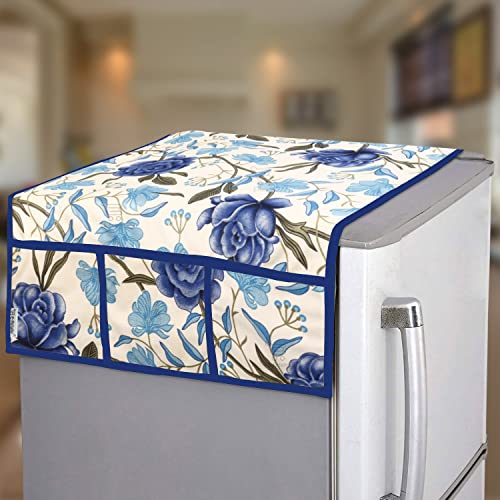 E-Retailer® Polyester 3-Layered Fridge Top Cover/Refrigerator Cover With 6 Utility Pockets and 2 Pcs. Handle Cover (Color-Blue, Size-39x21 Inch) - Image 2