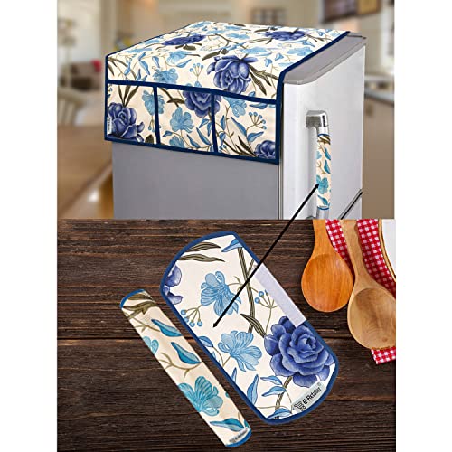E-Retailer® Polyester 3-Layered Fridge Top Cover/Refrigerator Cover With 6 Utility Pockets and 2 Pcs. Handle Cover (Color-Blue, Size-39x21 Inch) - Image 1