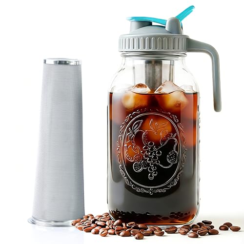 GMSWEET Mason Jar Cold Brew Coffee Maker 64 OZ ( 2 Quart ) Wide Mouth Cold Brew Pitcher With Stainless Steel Fine Mesh Filter Airtight & Leakproof Mason Jar Pitche For Coffee, Iced Tea, Sun Tea, Lemonade - Image 1