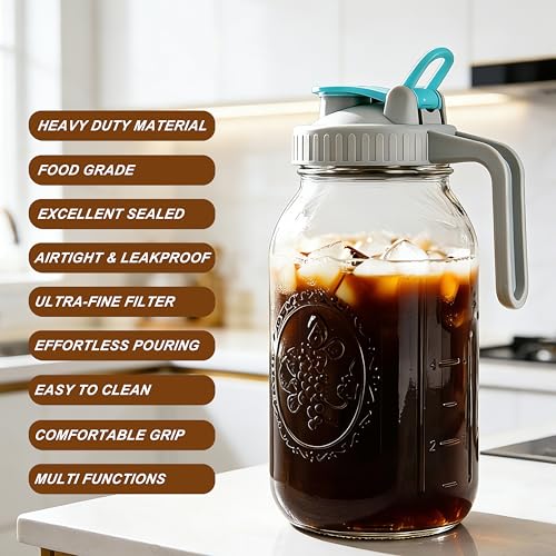GMSWEET Mason Jar Cold Brew Coffee Maker 64 OZ ( 2 Quart ) Wide Mouth Cold Brew Pitcher With Stainless Steel Fine Mesh Filter Airtight & Leakproof Mason Jar Pitche For Coffee, Iced Tea, Sun Tea, Lemonade - Image 4
