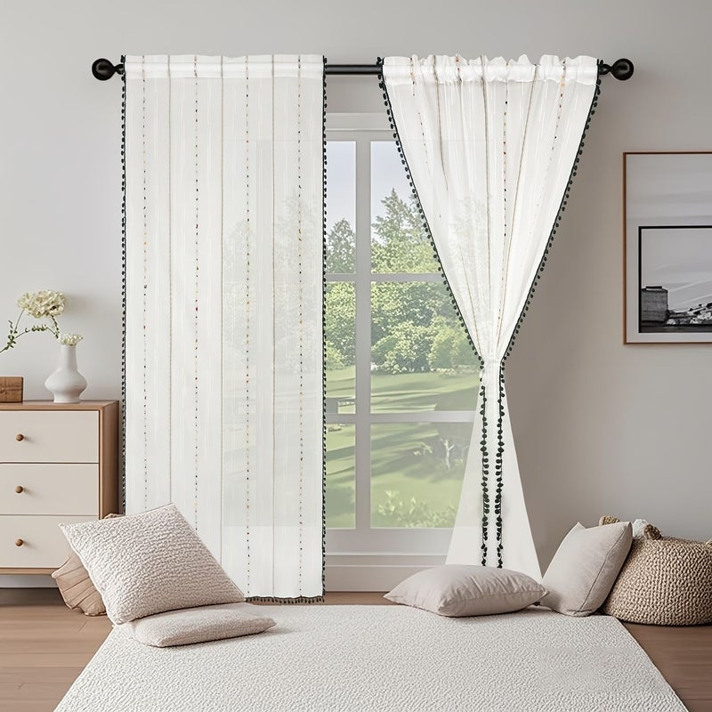Bohemian Sheer Curtain With Vertical Stripes Tassel Trim 39x79 Inch Washable - Image 4