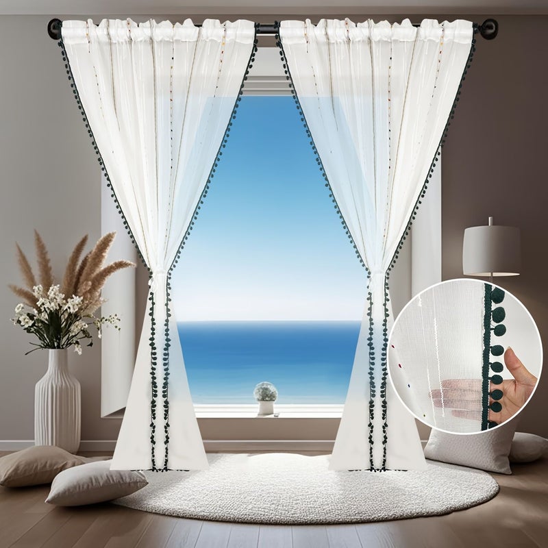 Bohemian Sheer Curtain With Vertical Stripes Tassel Trim 39x79 Inch Washable - Image 3