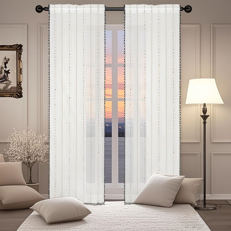 Bohemian Sheer Curtain With Vertical Stripes Tassel Trim 39x79 Inch Washable - Image 5