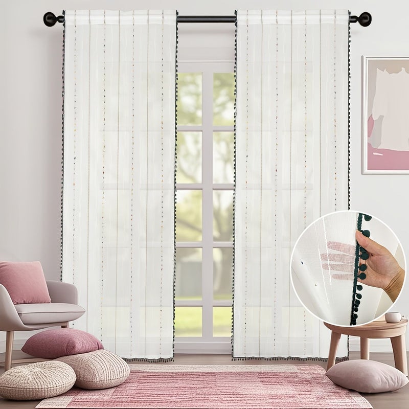 Bohemian Sheer Curtain With Vertical Stripes Tassel Trim 39x79 Inch Washable - Image 1