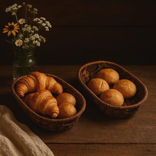 Wrightmart Handwoven Oval Wicker Baskets – Set of 2 Natural Abaca Bread and Fruit Baskets, Decorative Countertop Storage for Kitchen, Bathroom, or Table, 12” x 8” x 3.25” - Image 5