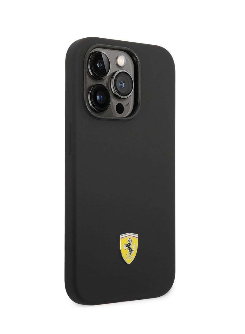 Ferrari Liquid Silicone Case with Black Camera Outline & Metal Logo iPhone 14 Pro Compatibility - Black - Image 3