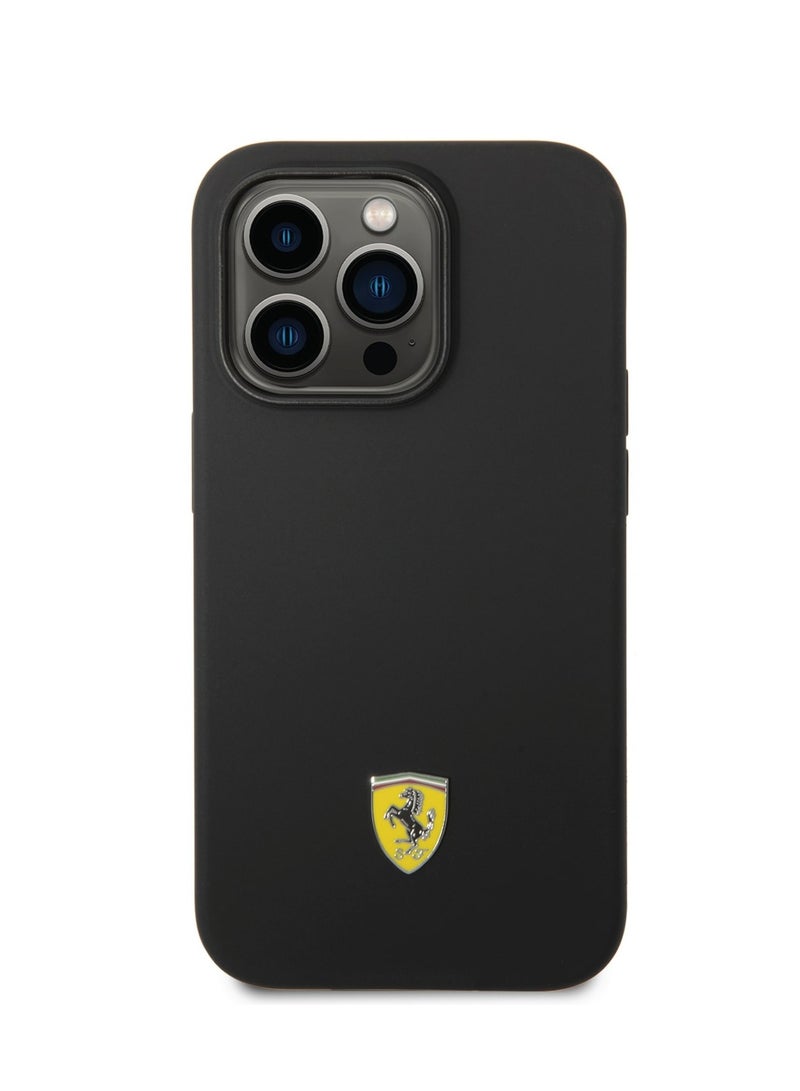 Ferrari Liquid Silicone Case with Black Camera Outline & Metal Logo iPhone 14 Pro Compatibility - Black - Image 2