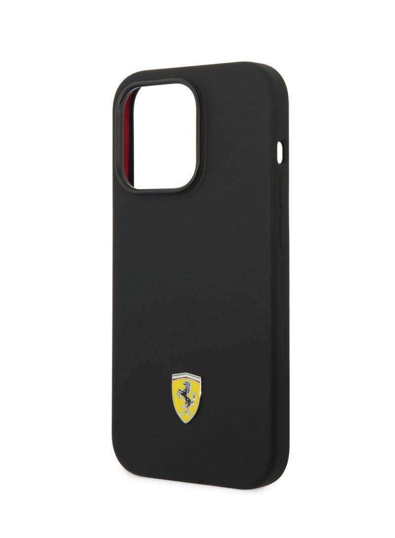 Ferrari Liquid Silicone Case with Black Camera Outline & Metal Logo iPhone 14 Pro Compatibility - Black - Image 1