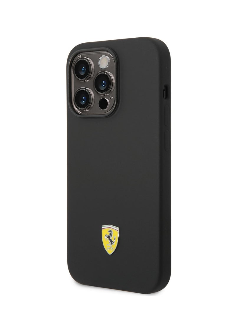 Ferrari Liquid Silicone Case with Black Camera Outline & Metal Logo iPhone 14 Pro Compatibility - Black - Image 4
