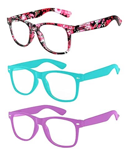 OWL 3 Pairs Kids Clear Lens Sunglasses Flower Red Turquoise Purple - Image 1