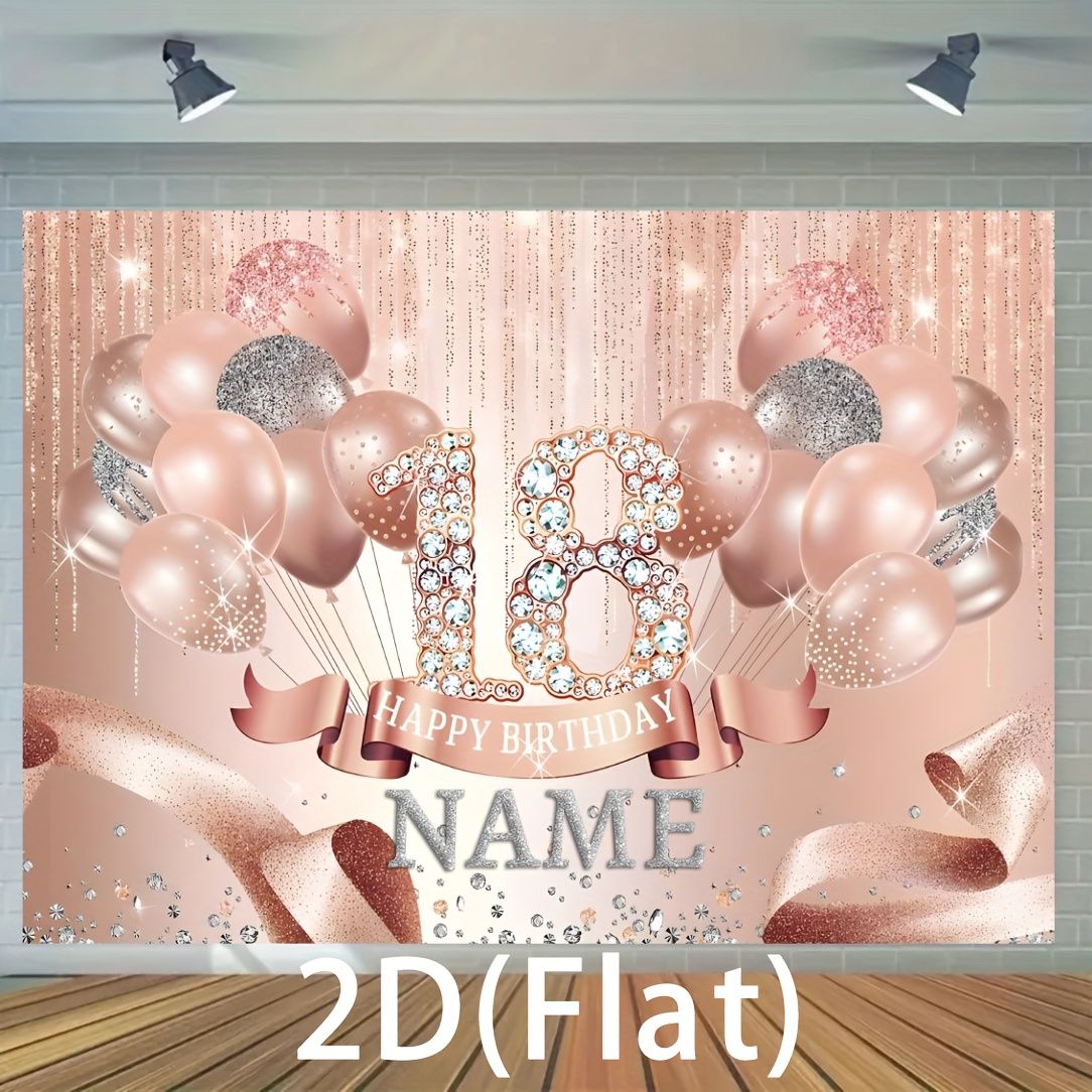2D Flat Personalized Custom Name Large Size 150x210cm Rose Golden Diamond Balloon Happy Birthday 18th Party Backdrop Multifunctional Party Wall Tapestry Home Decor
