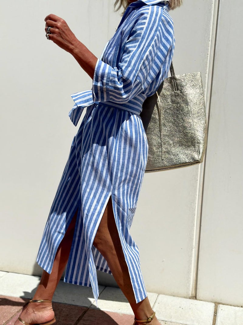 utcoco Womens 2026 Shirt Dress Casual Lapel 3/4 Sleeve Button Down Split Belted Vacation Maxi Dress (X-Small, Blue Striped) - Image 5