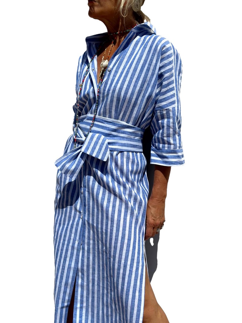 utcoco Womens 2026 Shirt Dress Casual Lapel 3/4 Sleeve Button Down Split Belted Vacation Maxi Dress (X-Small, Blue Striped) - Image 1