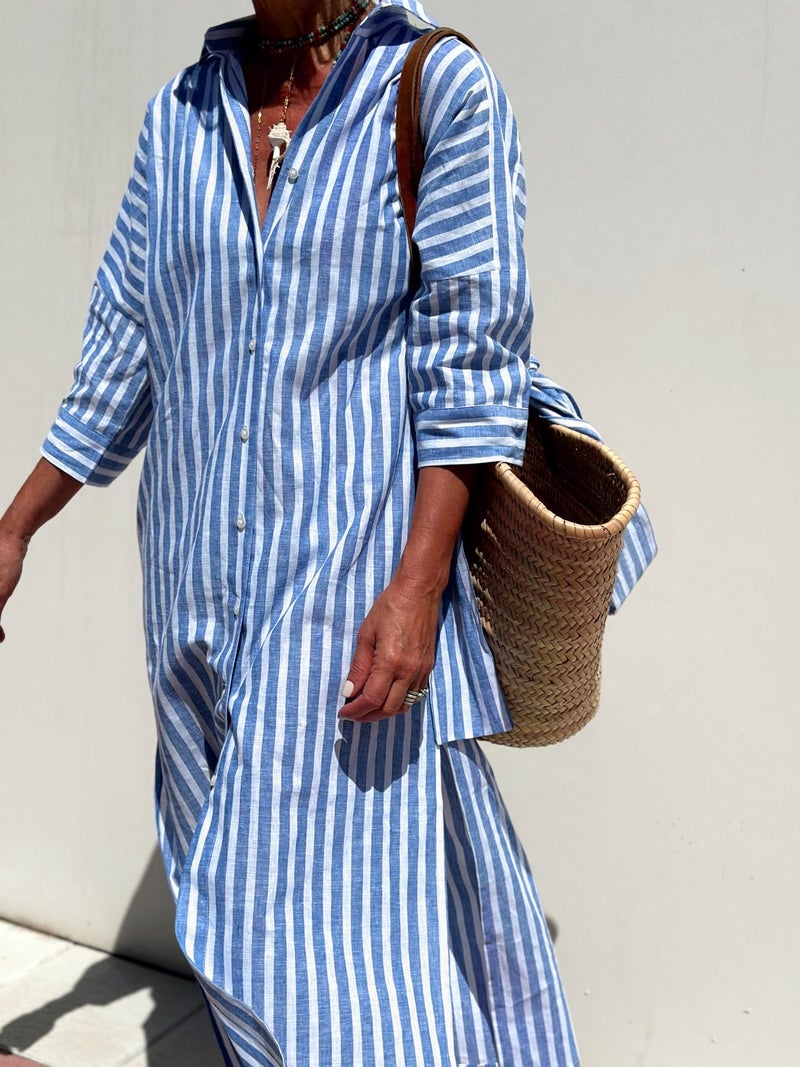 utcoco Womens 2026 Shirt Dress Casual Lapel 3/4 Sleeve Button Down Split Belted Vacation Maxi Dress (X-Small, Blue Striped) - Image 4