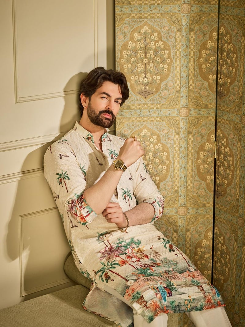 SOJANYA (Since 1958 Men's Cotton Krochet Daman Print Cream Long Kurta - Image 2