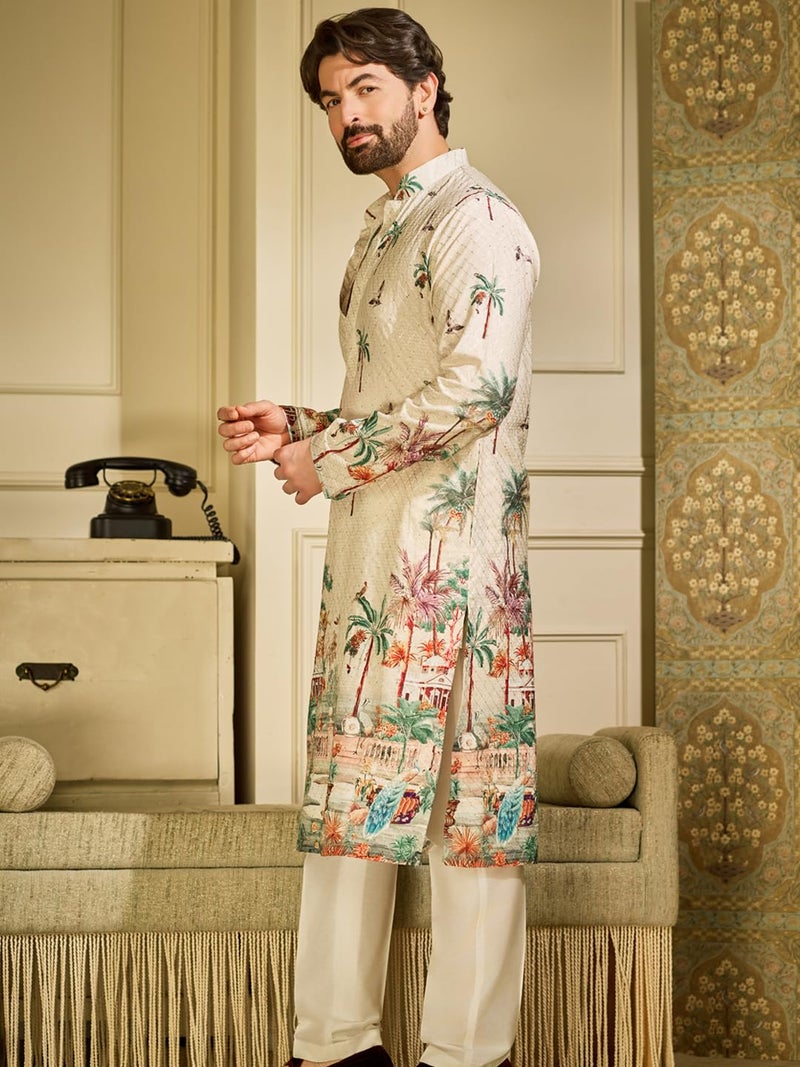 SOJANYA (Since 1958 Men's Cotton Krochet Daman Print Cream Long Kurta - Image 5