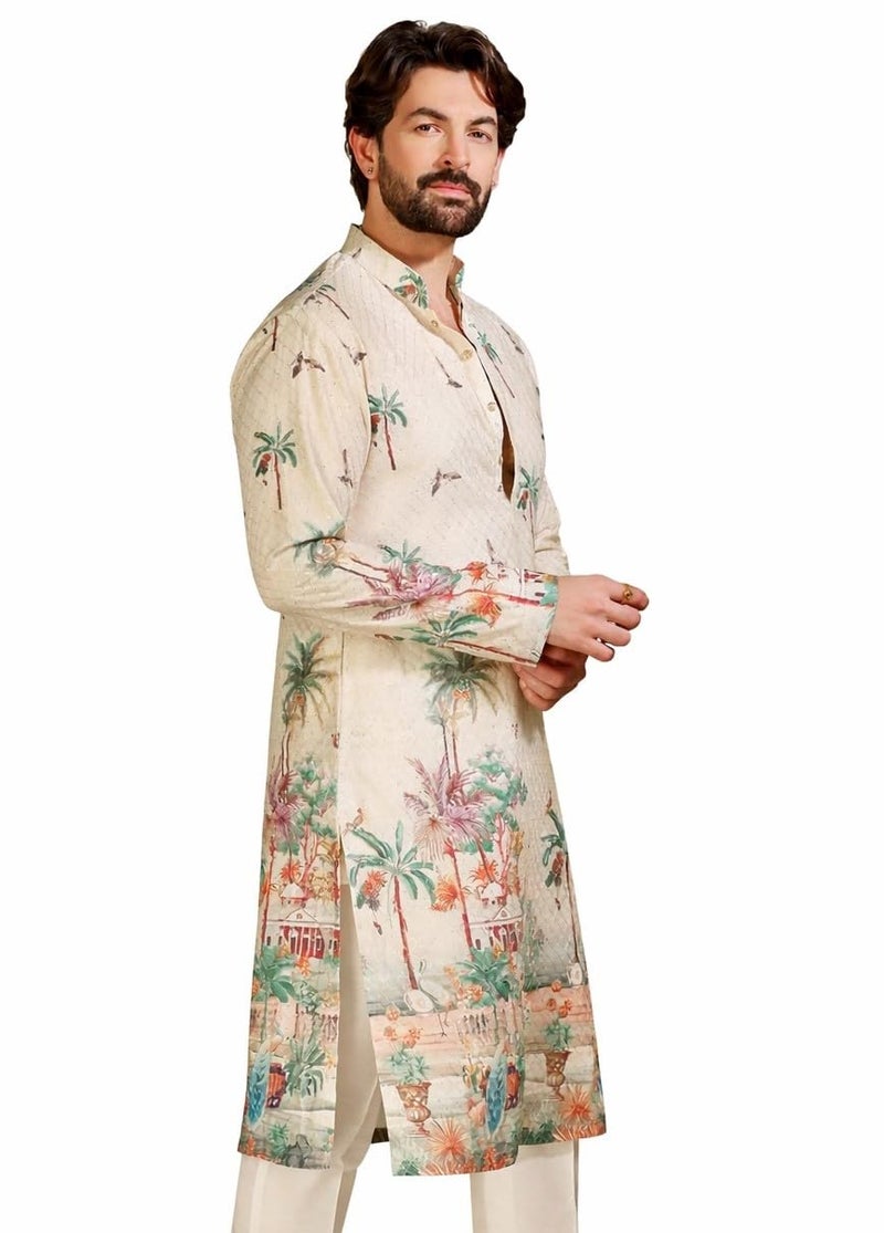 SOJANYA (Since 1958 Men's Cotton Krochet Daman Print Cream Long Kurta - Image 1