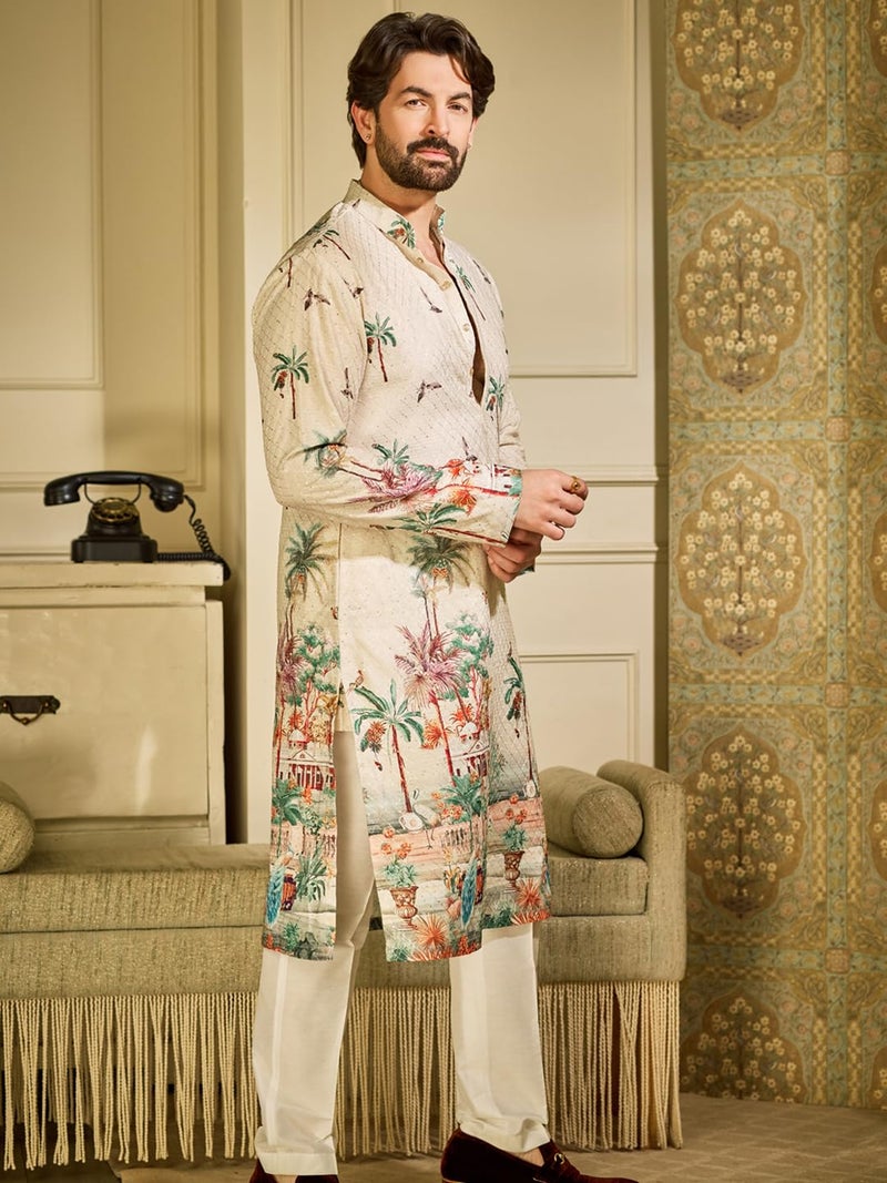 SOJANYA (Since 1958 Men's Cotton Krochet Daman Print Cream Long Kurta - Image 3