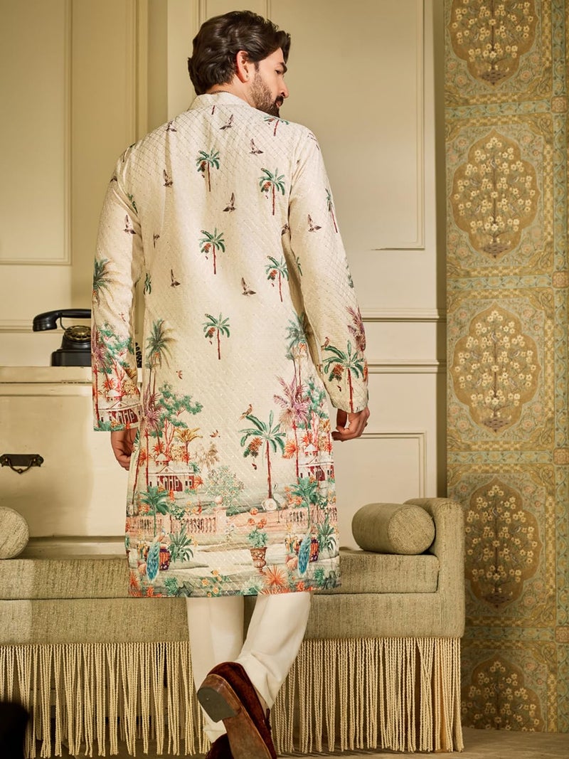 SOJANYA (Since 1958 Men's Cotton Krochet Daman Print Cream Long Kurta - Image 4